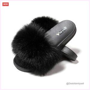 Faux Fur Slides Slippers Women's Fluffy Sandals Indoor Outdoor Non-Slip